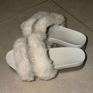 Plush Faux Fur Slide Platform Sandals with Rhinestone Trim - White